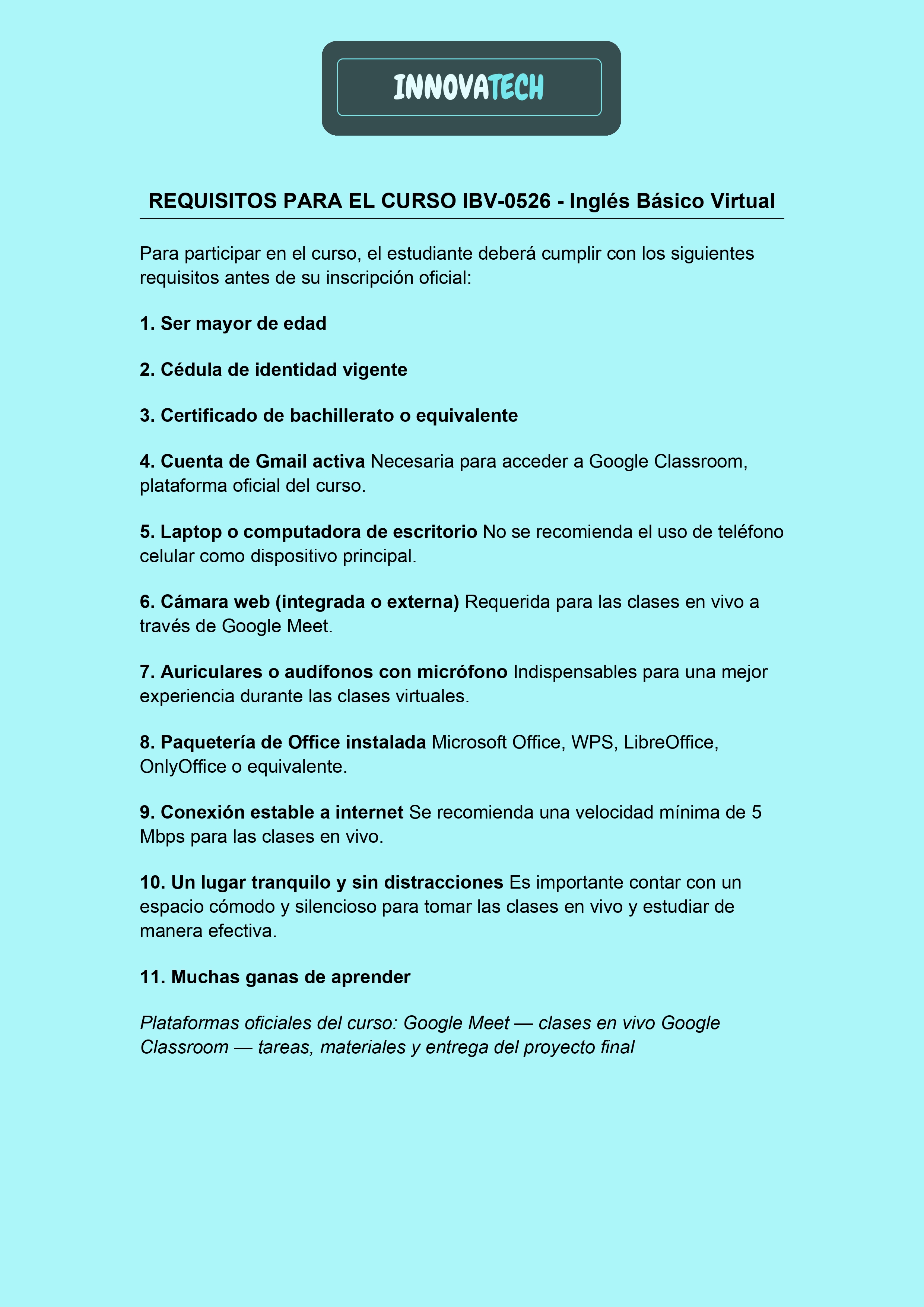 Requisitos del Curso Básico de Inglés